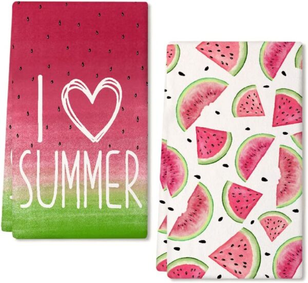 ARKENY Watermelon Summer Kitchen Towels Dish Towels Set of 2,Red I Love Summer Hand Towels 18x26 Inch Drying Dishcloth,Farmhouse Home Seasonal Holiday Summer Decorations AD331