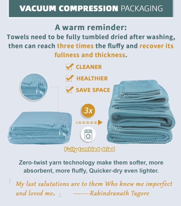 Towels for Bathroom - 100% Cotton | Quick Dry | Lightweight | Thick | Soft , 6 Piece Towel Set, 2 Large Bath 30 x 56, 2 Hand 18 x 28, 2 Washcloths 13 x 13, Towel Sets for College Dorm, Aqua Teal - Image 7