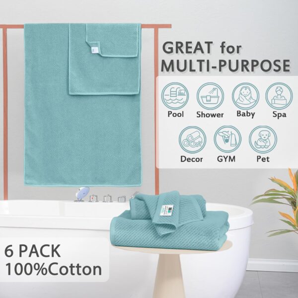 Towels for Bathroom - 100% Cotton | Quick Dry | Lightweight | Thick | Soft , 6 Piece Towel Set, 2 Large Bath 30 x 56, 2 Hand 18 x 28, 2 Washcloths 13 x 13, Towel Sets for College Dorm, Aqua Teal - Image 3