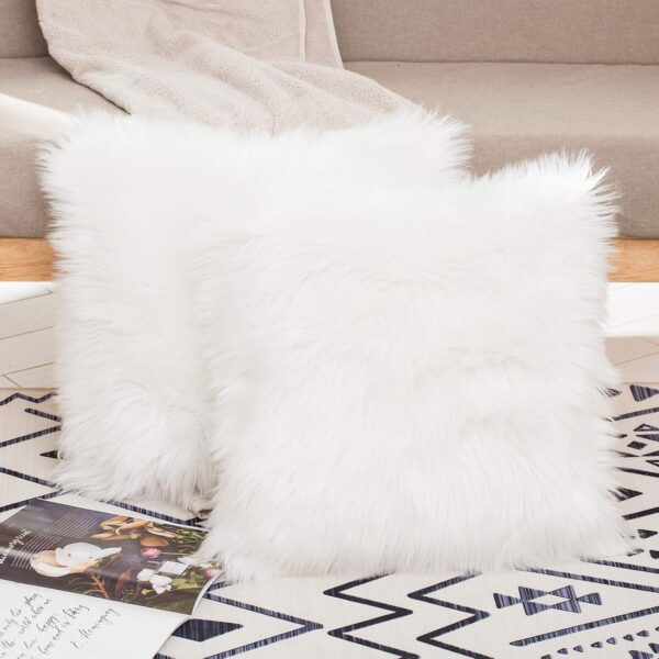 HYSEAS Set of 2 Decorative Faux Fur Throw Pillow Covers, White Fluffy Soft Fuzzy Square Cushion Cover Pillow Case for Sofa, Couch, Chair, Bed, Cafe, 18 x 18 Inches - Image 2