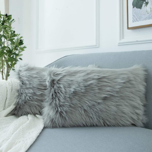 LIGICKY Decorative Lumbar Soft Faux Fur Throw Pillow Cover Luxury Series Rectangle Plush Pillow Case Cushion Cover for Couch Sofa Bed, 12" x 20" Grey - Image 2