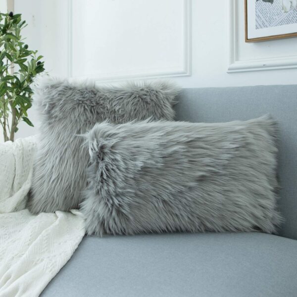 LIGICKY Decorative Lumbar Soft Faux Fur Throw Pillow Cover Luxury Series Rectangle Plush Pillow Case Cushion Cover for Couch Sofa Bed, 12" x 20" Grey - Image 3