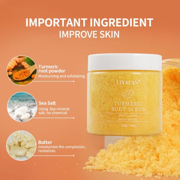 Liyalan Turmeric Body Scrub Moisturizing and Exfoliating Body, Face, Hand, Foot Scrub,Nourishes Skin,Deep Cleansing 7.8oz - Image 2