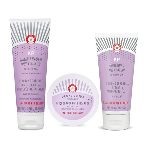 First Aid Beauty - Smooth Operators Trio: KP Bump Eraser Body Scrub, 8 oz, Smoothing Lotion, 6oz, and Ingrown Hair Pads, 28 Pads, Deep Moisture Exfoliating Skin Treatment Set with BHA & AHA, 3ct