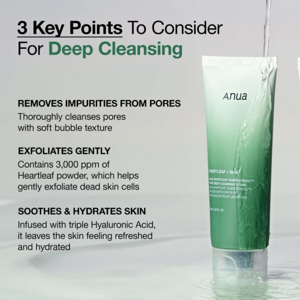 ANUA Heartleaf Quercetinol Pore Deep Cleansing Foam, Facial Cleanser, for Double Cleansing, BHA, Hyaluronic Acid, Glycerin, Face Wash, Blackhead Remover, Korean Skincare (150ml/5.07 fl.oz.) - Image 4