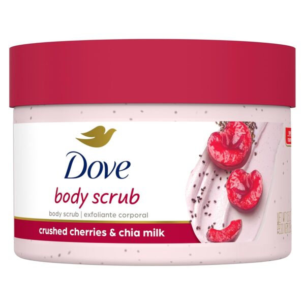 Dove Exfoliating Body Polish Crushed Cherries & Chia Milk Skin Care for Revitalized Skin Formulated with 1/4 Moisturizing Cream 10.5 oz