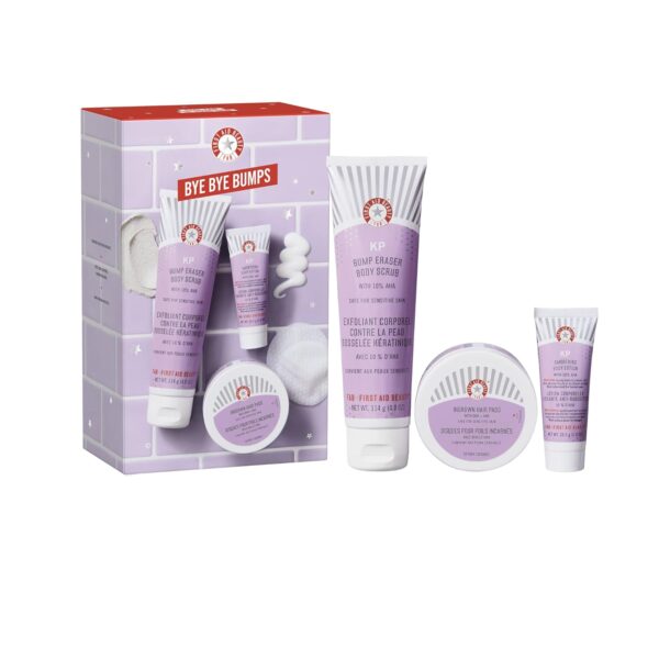 First Aid Beauty - Bye Bye Bumps Kit: KP Bump Eraser Body Scrub, 4 oz, Smoothing Lotion, 1oz, and Ingrown Hair Pads, 28 Pads, Deep Moisture Exfoliating Skin Treatment Set with BHA & AHA, 3ct