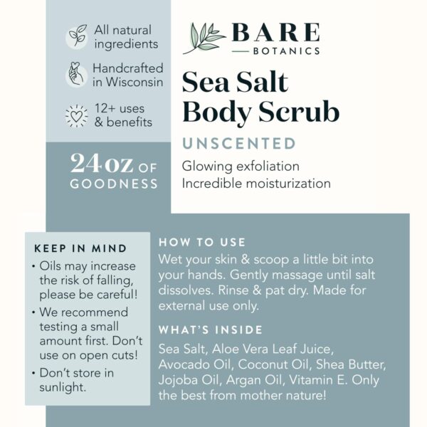 Bare Botanics Unscented Body Scrub 24oz | Made in Madison, WI | All Natural Body Scrub w/Skin Loving Moisturizers | Vegan & Cruelty Free Sea Salt Exfoliator w/a Cute Wooden Spoon - Image 8