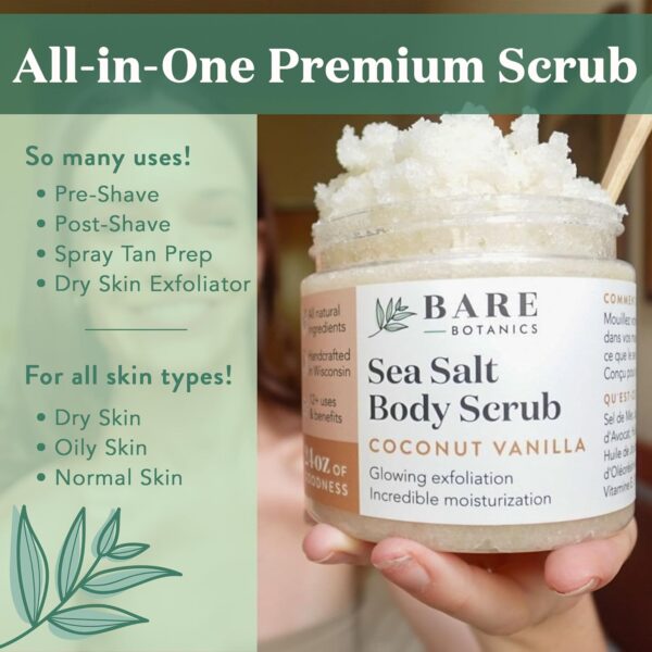 Bare Botanics Unscented Body Scrub 24oz | Made in Madison, WI | All Natural Body Scrub w/Skin Loving Moisturizers | Vegan & Cruelty Free Sea Salt Exfoliator w/a Cute Wooden Spoon - Image 3