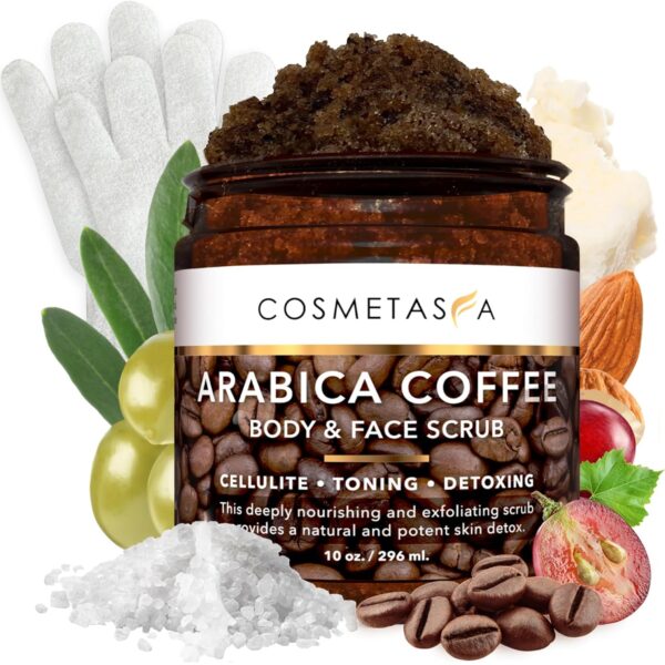 Arabica Coffee Body & Face Scrub- with Exfoliating Glove 100% Natural with Coconut and Shea Butter- Best Acne Best Acne, Anti Cellulite and Stretch Mark treatment, Spider Vein Therapy for Varicose Ve…