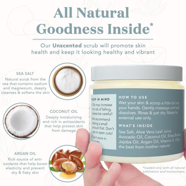 Bare Botanics Unscented Body Scrub 24oz | Made in Madison, WI | All Natural Body Scrub w/Skin Loving Moisturizers | Vegan & Cruelty Free Sea Salt Exfoliator w/a Cute Wooden Spoon - Image 5