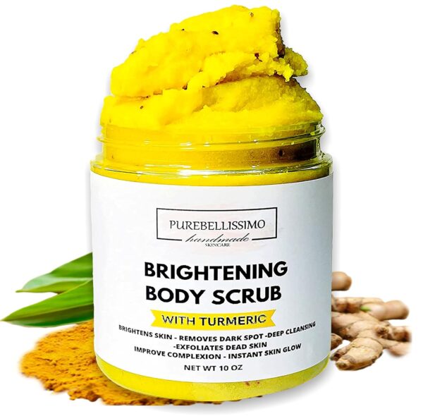 Turmeric Skin Brightening Scrub for Dark Spots, Dark Inner Thighs Bikini Area Underarms, Natural Exfoliating Turmeric Face Scrub ALL NATURAL 10OZ