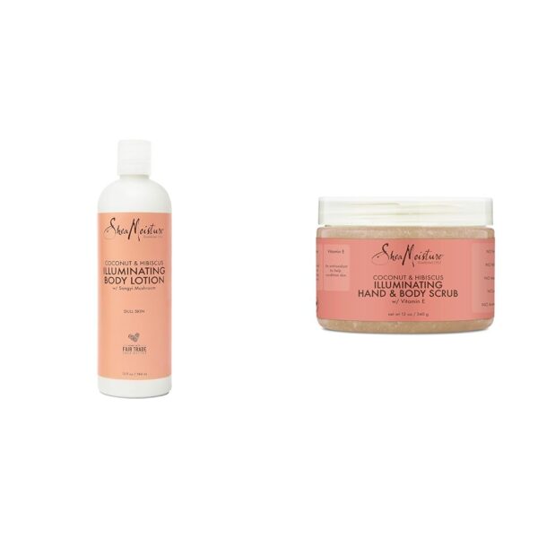 SheaMoisture Coconut Oil and Hibiscus Illuminating Body Lotion, 13 Fl Oz & Body Scrub for Dull Skin, 12 oz