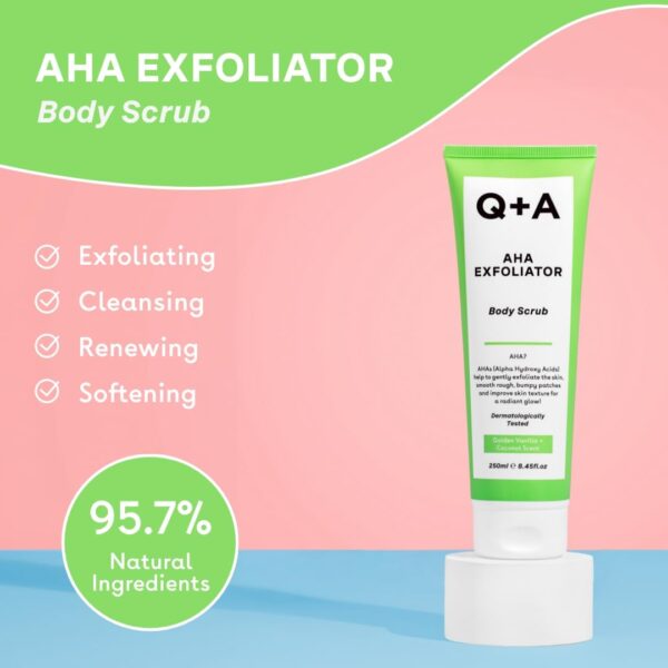 Q+A AHA Exfoliator Body Scrub, blend of AHA’s Lactic Acid and Glycolic Acid combined with exfoliants, improves skin texture and promotes soft and supple skin, 250ml - Image 3