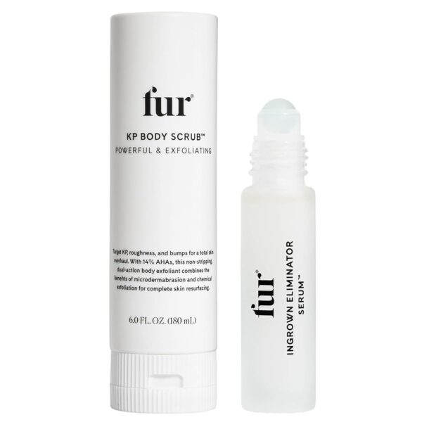 Fur KP Body Scrub and Ingrown Eliminator Serum Rollerball Bundle, KP Body Scrub with Powerful 14% AHAs for Keratosis Pilaris and Rollerball Serum for Ingrown Hair Treatment