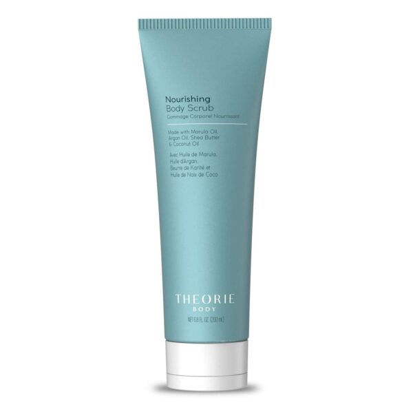 Theorie Nourishing and Exfoliating Body Scrub - Made with Marula, Argan, Coconut Oil, Shea Butter & Vitamin E, Amber Rose Fragrance. Eco-Friendly Pumice, Vegan, Gluten Free, Cruelty Free 200mL Tube