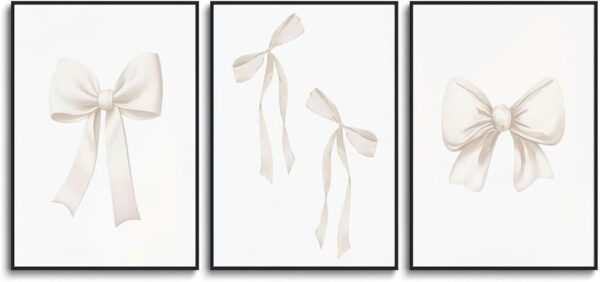 Djmwtb Preppy Bow Canvas Wall Art Beige Coquette Poster Prints Set of 3 Girly Apartment Aesthetic Pictures College Dorm Painting Decor for Girls Bedroom 12x16in Unframed