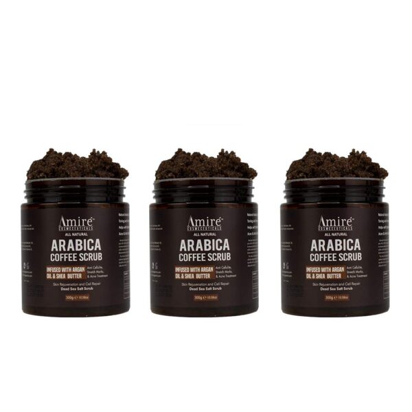 Three Pack of Amire Arabica Coffee Body Scrub, Infused with Argan Oil and Shea Butter, Great for Acne, Anti Cellulite and Stretch Mark Treatment, Helps with Eczema and Age Spots