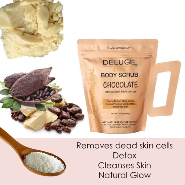 Deluge Chocolate Scrub for Cellulite and Stretch Marks, Body Exfoliant and Hydrating Cellulite Treatment with Shea Butter, Coconut Oil and Dead Sea Salt Firms, Tones and Moisturizes Skin (10 oz) - Image 3