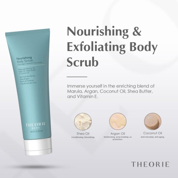 Theorie Nourishing and Exfoliating Body Scrub - Made with Marula, Argan, Coconut Oil, Shea Butter & Vitamin E, Amber Rose Fragrance. Eco-Friendly Pumice, Vegan, Gluten Free, Cruelty Free 200mL Tube - Image 2