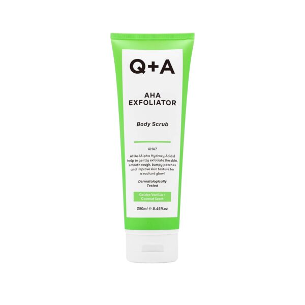 Q+A AHA Exfoliator Body Scrub, blend of AHA’s Lactic Acid and Glycolic Acid combined with exfoliants, improves skin texture and promotes soft and supple skin, 250ml