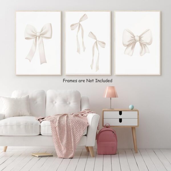 Djmwtb Preppy Bow Canvas Wall Art Beige Coquette Poster Prints Set of 3 Girly Apartment Aesthetic Pictures College Dorm Painting Decor for Girls Bedroom 12x16in Unframed - Image 3