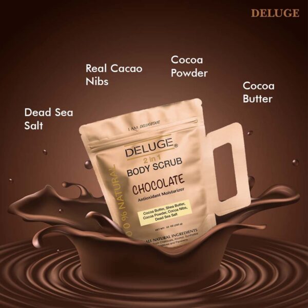 Deluge Chocolate Scrub for Cellulite and Stretch Marks, Body Exfoliant and Hydrating Cellulite Treatment with Shea Butter, Coconut Oil and Dead Sea Salt Firms, Tones and Moisturizes Skin (10 oz) - Image 5