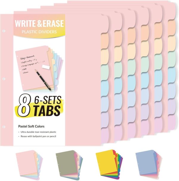 Sooez 8-Tab Durable Plastic Write & Erase Big Tab Dividers for 3 Ring Binder, Aesthetic Cute Pastel Binder Dividers for Student, Teacher, Office, Home Organizers, 6 Sets, Pastel