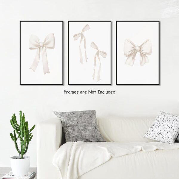 Djmwtb Preppy Bow Canvas Wall Art Beige Coquette Poster Prints Set of 3 Girly Apartment Aesthetic Pictures College Dorm Painting Decor for Girls Bedroom 12x16in Unframed - Image 2