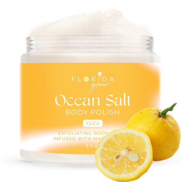 Sea Salt Body Scrub by Florida Suncare - Ocean Salt Body Polish Infused with Marine Algae - Exfoliating Face and Body Scrub - Facial Scrub Exfoliator to Tackle Acne and Scars (Yuzu, 3.3oz)