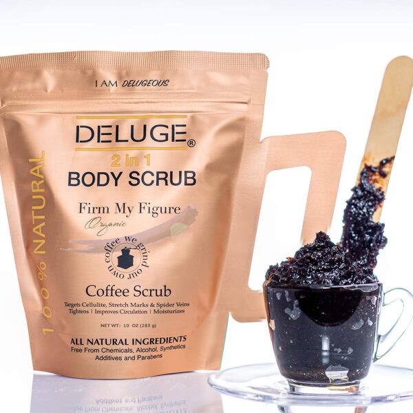 Deluge Coffee Scrub for Cellulite and Stretch Marks, Body Exfoliant and Hydrating Cellulite Treatment with Shea Butter, Coconut Oil and Dead Sea Salt Firms, Tones and Moisturizes Skin (10 oz) - Image 2