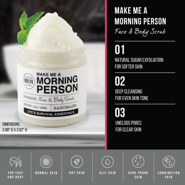 Mojo Spa Make Me a Morning Person Face and Body Scrub for Women and Men, Deep Moisturizing Facial and Full Exfoliating Skincare with Peppermint and Rosemary Scent, Sugar Based Exfoliator, 10 oz. - Image 6