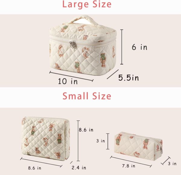 3 Pcs Quilted Cotton Makeup Pouch, Coquette Floral Quilted Toiletry Makeup Bag for Women and Girls, Aesthetic Travel Organized Cosmetic Bags(03Bear Pattern) - Image 2