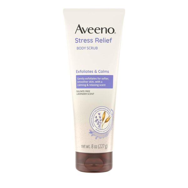 Aveeno Stress Relief Body Scrub, Exfoliating Body Wash for Softer, Smoother Skin, Formulated with Prebiotic Oat & Lavender Scent to Calm & Relax, Sulfate-Free & Soap-Free, 8 fl. oz