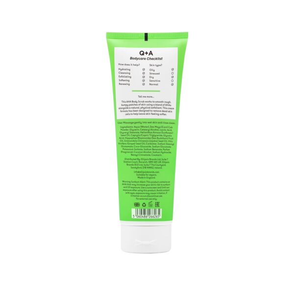 Q+A AHA Exfoliator Body Scrub, blend of AHA’s Lactic Acid and Glycolic Acid combined with exfoliants, improves skin texture and promotes soft and supple skin, 250ml - Image 2