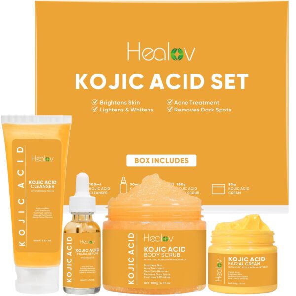 Kojic Acid Skincare Set – Kojic Soap Cleanser, Exfoliating Body Scrub, Face Cream & Brightening Facial Serum – Skin Brightening Hyperpigmentation Treatment, Dark Spot Corrector – with Turmeric Papaya