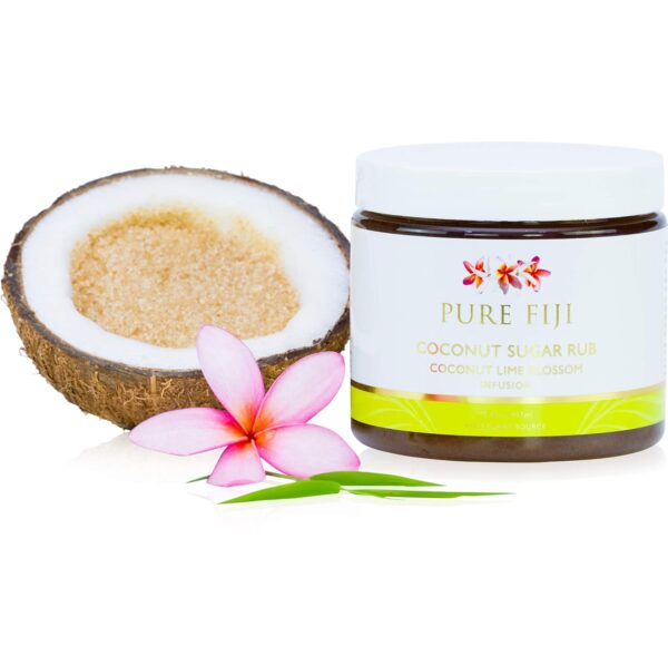 Pure Fiji Coconut Sugar Body Scrub - Body Exfoliator Scrub Natural Origin for Smooths and Softens Skin - Organic Exfoliating Sugar Scrub for Body, Coconut Lime Blossom, 15.5 Oz