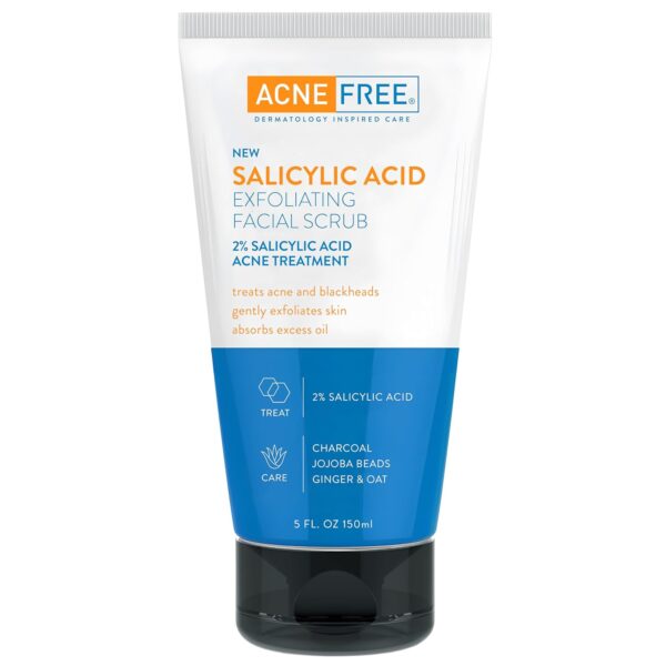 Acne Free Salicylic Acid Exfoliating Face Scrub, 2% BHA Blackhead Remover & Acne Treatment, Deep Cleanse with Charcoal & Jojoba Beads, Gentle Exfoliation with Ginger & Oats, 5 Ounce