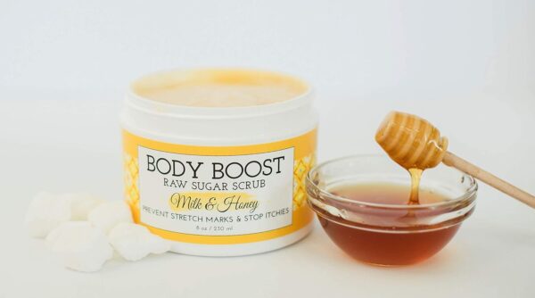 Body Boost Milk & Honey Sugar Scrub 8 oz- Help Prevent Dry Skin, Stretch Marks, and Scars- Pregnancy and Nursing Safe- Allergen Free - Image 3