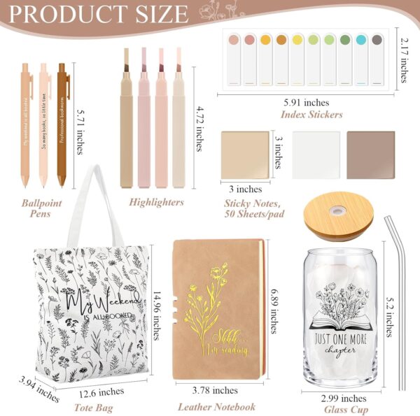 Havawish Book Lovers Gifts Aesthetic Essentials 16 oz Glass Cup Canvas Bag A6 Journal Teacher Notebook Ballpoint Pens Sticky Notes Highlighters for Librarians Students Teacher Study(Khaki) - Image 2