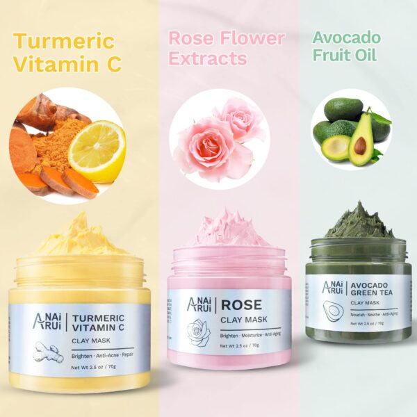 ANAI RUI Turmeric Vitamin C Clay Mask -Rose Facial Mask -Avocado Green Tea Mud Mask,Facial Mask Skincare for Deep Cleansing,Purify Pores, SPA Mask Set, Facial Mask Set Gifts Set 2.5 oz each - Image 2