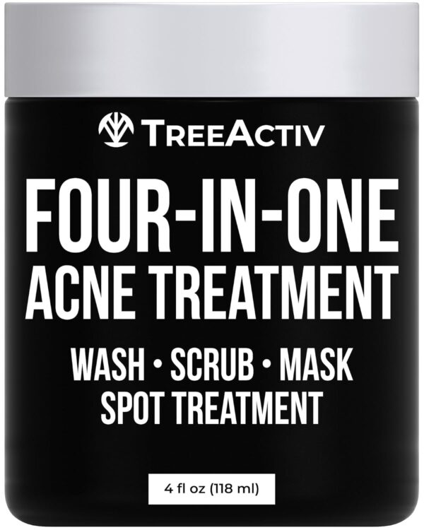 TreeActiv Four-in-One Acne Treatment, Exfoliating Sulfur Acne Face Wash, Bentonite Clay Face Mask & Acne Spot Treatment, Pore Clarifying Facial Scrub for Adult, Teens, Women, & Men, 250+ Treatments