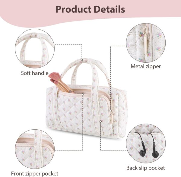 Lushandy Cute Floral Makeup Bag, Coquette Aesthetic Cosmetic Bag Large quilted puffer Makeup Bag Organizer Large Travel Toiletry Bag - Image 2