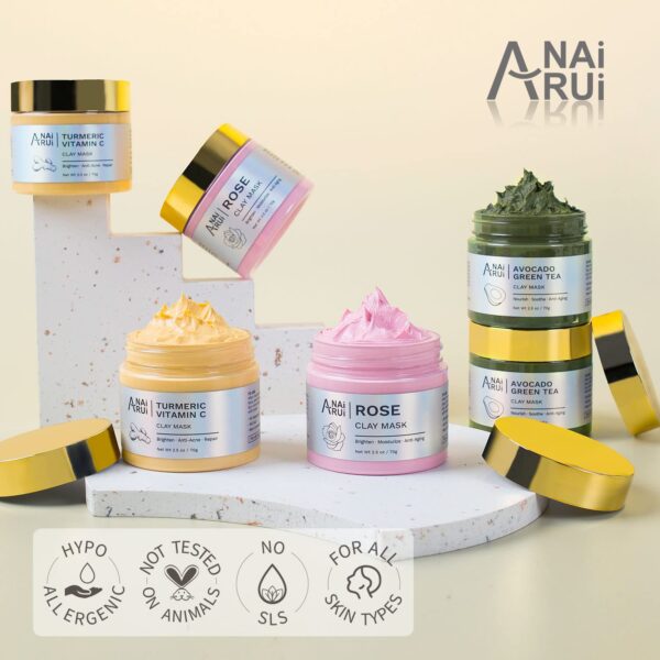 ANAI RUI Turmeric Vitamin C Clay Mask -Rose Facial Mask -Avocado Green Tea Mud Mask,Facial Mask Skincare for Deep Cleansing,Purify Pores, SPA Mask Set, Facial Mask Set Gifts Set 2.5 oz each - Image 9