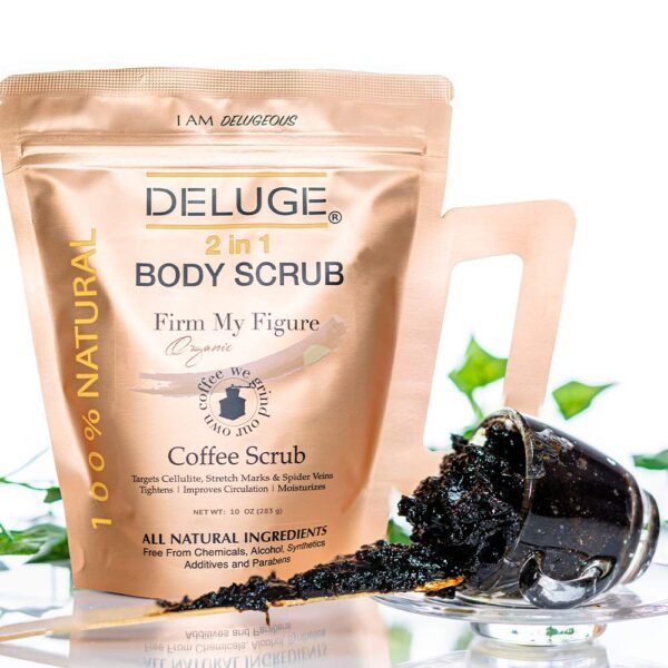 Deluge Coffee Scrub for Cellulite and Stretch Marks, Body Exfoliant and Hydrating Cellulite Treatment with Shea Butter, Coconut Oil and Dead Sea Salt Firms, Tones and Moisturizes Skin (10 oz) - Image 3