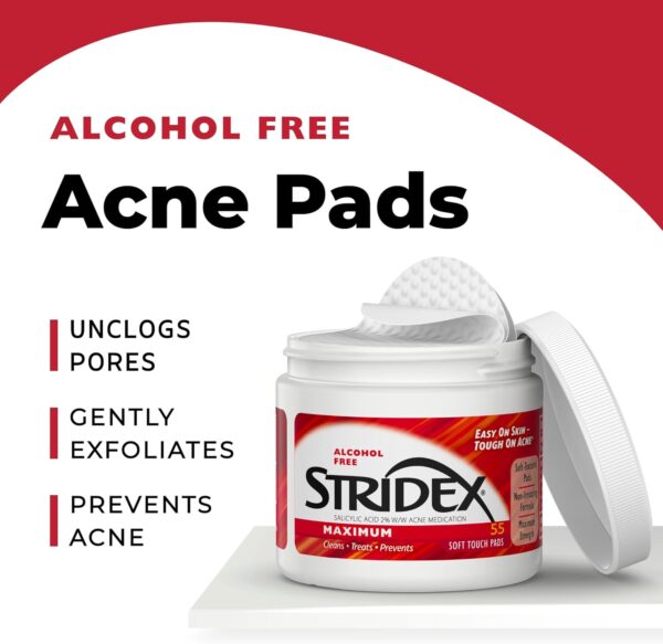 Stridex Medicated Acne Pads, Maximum, 55 Count – Facial Cleansing Wipes, Alcohol Free, Acne Treatment for Face, For Moderate Acne, Smooth Application - Image 4