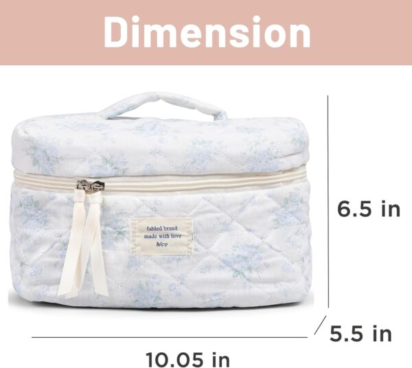 Makeup Bag Large Travel Quilted Cosmetic Makeup Bag Organizer, Floral Cotton Coquette Aesthetic Toiletry Bag for Women Girls (Blue Romantic Rose-L) - Image 2