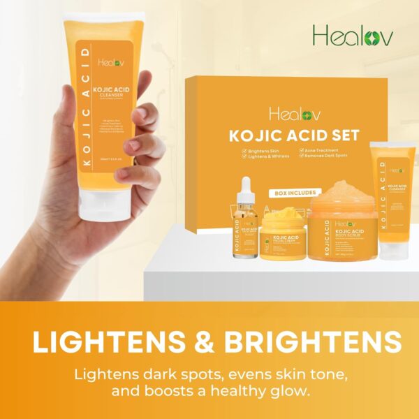 Kojic Acid Skincare Set – Kojic Soap Cleanser, Exfoliating Body Scrub, Face Cream & Brightening Facial Serum – Skin Brightening Hyperpigmentation Treatment, Dark Spot Corrector – with Turmeric Papaya - Image 5