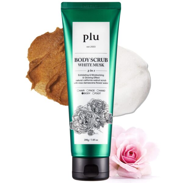 PLU Original Walnut Body Scrub Polish - White Musk - Exfoliating & Moisturizing & Glow - for Acne, Cellulite, Stretch Marks, Spider Veins - Soft Musk Scent, 6.76 oz.