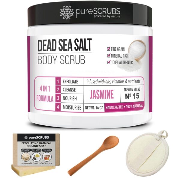 pureSCRUBS Premium Jasmine Body Scrub Set - Large 16oz Dead Sea Salt Body Scrub With Infused Essential Oils & Nutrients Includes Wooden Spoon, Loofah & Oatmeal Exfoliating Bar Soap - Image 7